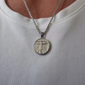 Vitruvian Man Handmade Silver Necklace, Da Vinci Silver Pendant Necklace, - Picture 1 of 10