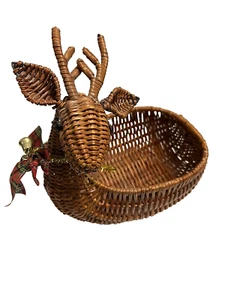 Vintage Rentier Korb Rattankorb Hirsch mit karierter Schleife Weihnachten Urlaub - Bild 1 von 11