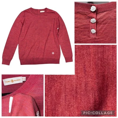 Suéter Tory Burch Emmy Melón Rosa Lana Merino Dorado Botón Trasero XL Foto 1 de 4
