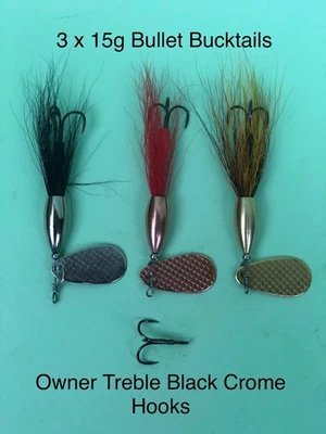 FLYING C BUCKTAIL BULLET 3 x 20g BLACK TREABLE HOOKS ULTRA SPIN ENGLISH BLADE - Bild 1 von 4