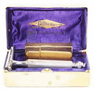 Gillette-Aristocat-3 piezas-C 1932-estuche chapado en oro-moleteado fino-soporte de hoja de latón - Imagen 1 de 6