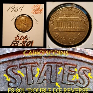 FS-801 1964 LINCOLN MEMORIAL CENT "DOUBLE DIE REVERSE" ERROR VARIETY! - Picture 1 of 7