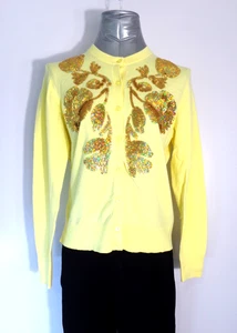 J. Maglione cardigan Crew donna paillettes floreale Jackie ricamato giallo taglia L - Foto 1 di 6