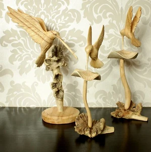 Humming Bird Mushroom Parasite Wood Ornament Carving Christmas Gift Idea - Picture 1 of 9