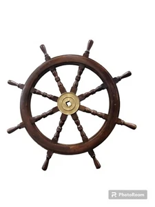 34 Inch Wooden Ship Steering Wheel Pirate Décor Wooden Brass Finishing Wall Boat - Picture 1 of 14