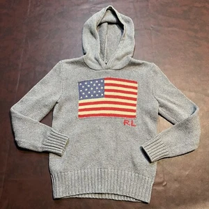 Polo Ralph Lauren Kids Boys Youth American Flag Logo Gray Hoody Sweater Size S 8 - Picture 1 of 8