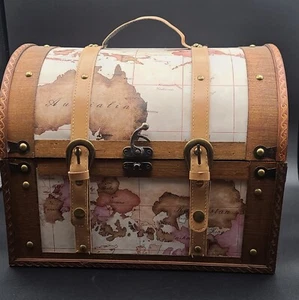 Decorative 11" x 13" Wood Storage Chest Trunk Hinged w/ Handle World Travel Map - Picture 1 of 7