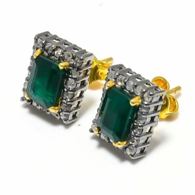 Smaragd Edelstein 925 Sterlingsilber Pave Diamant May Geburtsstein Stud-Ohrring - Bild 1 von 4