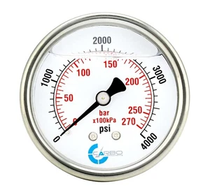2" Pressure Gauge, Stainless Steel Case, Liquid Filled, Back Mnt, 4000 Psi - Picture 1 of 4