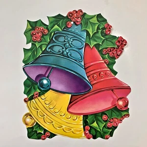 Die Cut Christmas Bells Holly Holiday Cardboard Double Sided Reversible Vintage - Picture 1 of 1