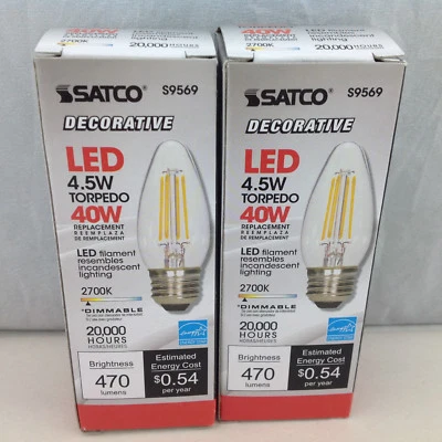 Satco S9569 4.5W Decorative LED Torpedo Clear 470 Lumens Bulb Lot of 2 - Image 1 of 4