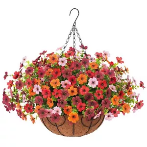 Artificial Fake Flowers Basket for Spring Outdoor Decor, Faux Mums Floral Han... - Picture 1 of 7