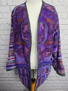 Handmade Guatemalan Embroidered Kimono Jacket Womens M Purple Lagenlook Boho - Picture 1 of 14