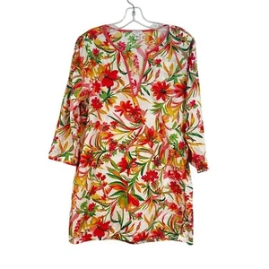 J. Crew Factory Floral Tunic Beach Coverup Women's Medium Fuchsia Cream Preppy - Picture 1 of 6