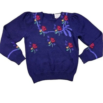Винтажный шерстяной свитер Susan Bristol с ручной вышивкой фиолетовый цветочный размер 34 маленький - Изображение 1 из 4
