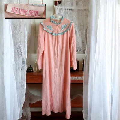 Vintage 80s Suzanne Beth Peach Granny Gown Floral Fleece Half Zip Size Large - Image 1 of 4