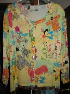 Paradiso 1X Tropical Print LS Blouse Beaded Fringe Trimmed - Picture 1 of 4