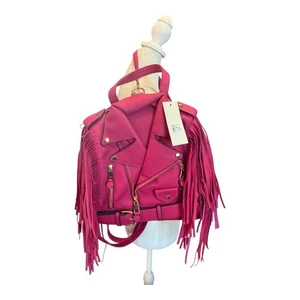 La Miel Fuchsia Pink Fringe Motorcycle Jacket Backpack Vegan Leather Bag NWT - Picture 1 of 10