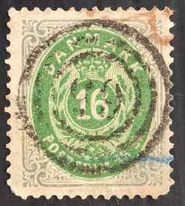 RARE 1871- Denmark 16Sk green & grey Crown postage stamp used SG48 Cat £225 - Picture 1 of 2