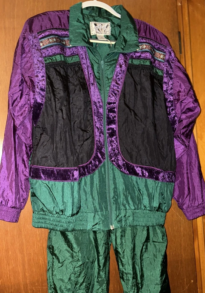 Vintage 80s 90s Green and Purple Nylon Windbreaker Track Suit - Image 1 of 4