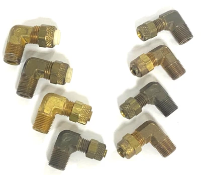 90 DEGREE BRASS COMPRESSED MALE UNION ELBOW 1/4 X 3/8 OAL OF 1-1/8 **LOT OT 8 - Image 1 of 4