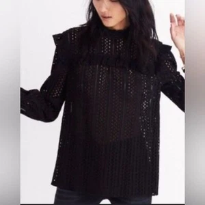 Madewell Mockneck Eyelet Ruffle Long Sleeve Peasant Top Size S Black Fairy Goth - Picture 1 of 11