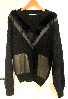 Suéter tejido negro vintage ribete de cuero y piel cuello redondo bolsillos para mujer M años 80 Foto 1 de 4