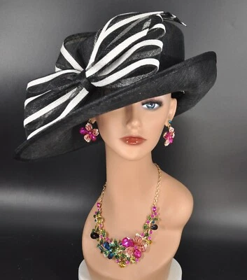 Church Kentucky Derby Hat Carriage Tea Party Wedding  Royal Ascot  Black w White - Image 1 of 4