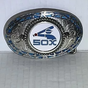 Vintage Chicago White Sox Retro Logo Silvertone Metal And Enameled belt buckle - Picture 1 of 10