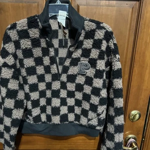 VICTORIA'S SECRET PINK Black & Tan COZY FLEECE 1/2 ZIp PULLOVER XSMALL CHECKERED - Picture 1 of 11