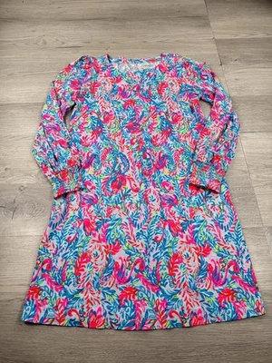 Lilly Pulitzer Dress Women S Floral Surf Blue Flim Flam Long Sleeve Stretch - Image 1 of 4