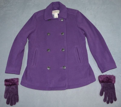 Chaqueta de chaquetón de lana para mujer LL Bean pequeña P púrpura suave doble pecho 295941 Foto 1 de 4