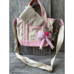 Madden Girl Mini Tote Pink Canvas Bow Bag with Charm & Pouch - Picture 1 of 6