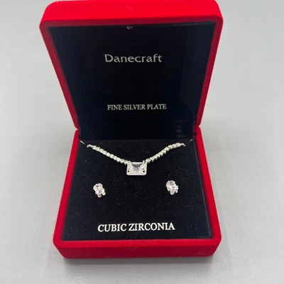 Danecraft Cubic Zirconia Fine Silver Plated Necklace & Earrings Set NIB Gorgeous - Image 1 of 4