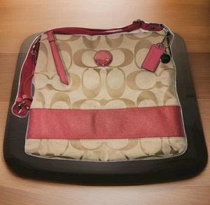 COACH F19220 Logo Crossbody Shoulder Bag Tote Khaki Peach Adj Strap Logo Lozenge - Picture 1 of 21