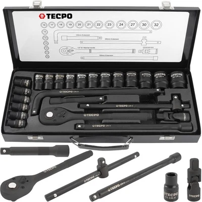TECPO KRAFT STECKSCHLÜSSEL SATZ 1/2 ZOLL RATSCHEN-KASTEN NUSS SET 10-32 mm NÜSSE - Bild 1 von 4