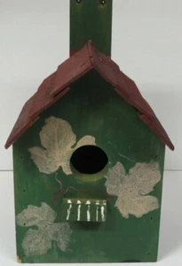 Handmade Hand Painted Solid Wood Green Birdhouse Slated Burgundy Roof Unique - Picture 1 of 9
