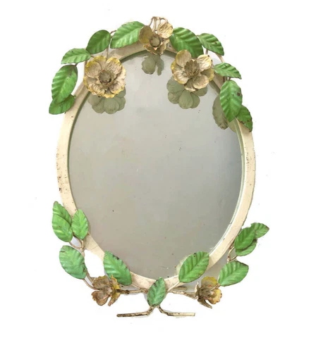 Shabby Chic 1960s Vintage Italian Metal Flowers Standing Dressing Table Mirror Cover