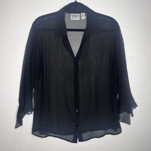 Chicos Vintage Black Sheer w Polka Dots Silk Button Down Bell Sleeve Blouse sz 2 - Picture 1 of 5