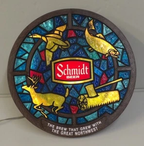 Vintage Schmidt Beer Lighted Wildlife Faux Stained Glass 21" Sign - Picture 1 of 4