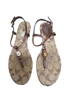 Coach Damen Signature Print Zehenstegsandalen braun/gold Leder Größe 8B - Bild 1 von 10
