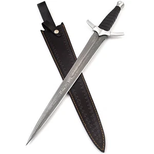 Devil’s Toothpick Damascus Steel Short Sword w/ Bovine Leather Sheath - Picture 1 of 7
