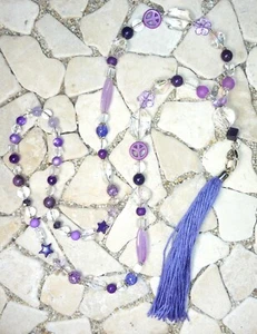 ★ Cadena larga en Y ★ FLOWER POWER HIPPIE ★ BORLA ★ violeta, morado y cristal ★ - Imagen 1 de 4
