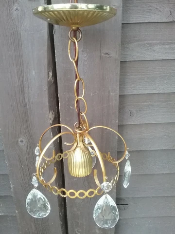 Vintage Chandelier Brass Metal Ceramic Bulb Holder 5 Crystal Prisms 5 Arms Cover
