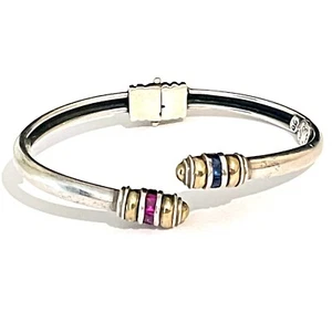 Fine Vintage 14K Gold Sterling Silver Sapphire Ruby Hinged Bangle Bracelet - Picture 1 of 4