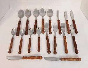 Vtg Lifetime Wooden Handle Silverware Stainless Steel Flatware 18 Pieces Taiwan - Picture 1 of 5