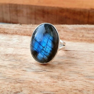 Sottile Gioielli Handmade 925 Argento Sterling Pietra Labradorite Donna Anello - Immagine 1 di 4