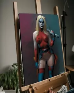 Harley Quinn Painting w/COA - Framed Canvas 40X30cm Nude Look Naked Sexy - Picture 1 of 3