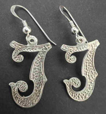 925 Sterling Silver Dangle Drop Earrings Wire Hook Handcrafted Alphabet Letter J - Image 1 of 4