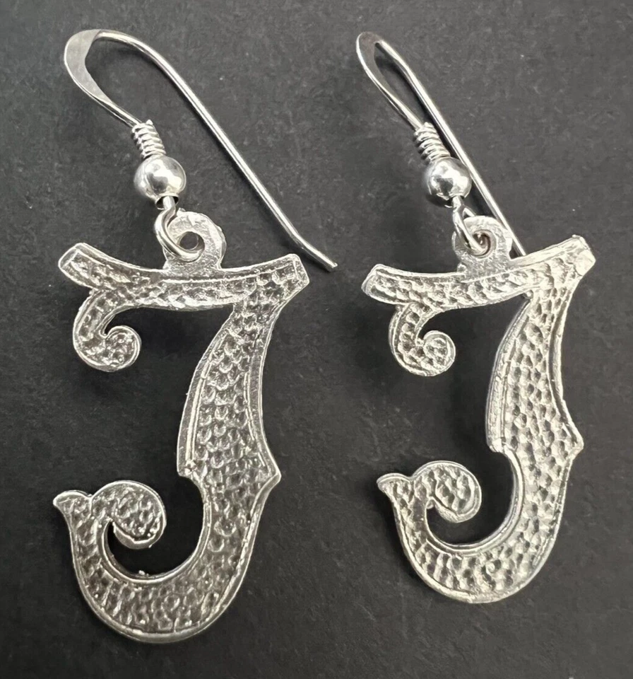 925 Sterling Silver Dangle Drop Earrings Wire Hook Handcrafted Alphabet Letter J - Image 1 of 4